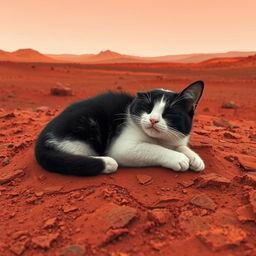 A cute cat with half black and half white fur peacefully sleeping on the surface of Mars