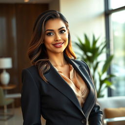 A breathtaking natural beauty with large breasts, elegantly dressed in a classic tailored suit