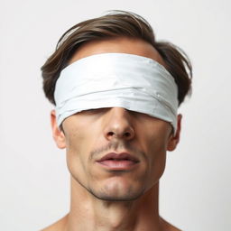 A close-up portrait of a man whose eyes are completely wrapped in white paper, creating a strikingly surreal and minimalist aesthetic