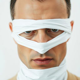 A close-up portrait of a man whose eyes are completely wrapped in white paper, creating a strikingly surreal and minimalist aesthetic