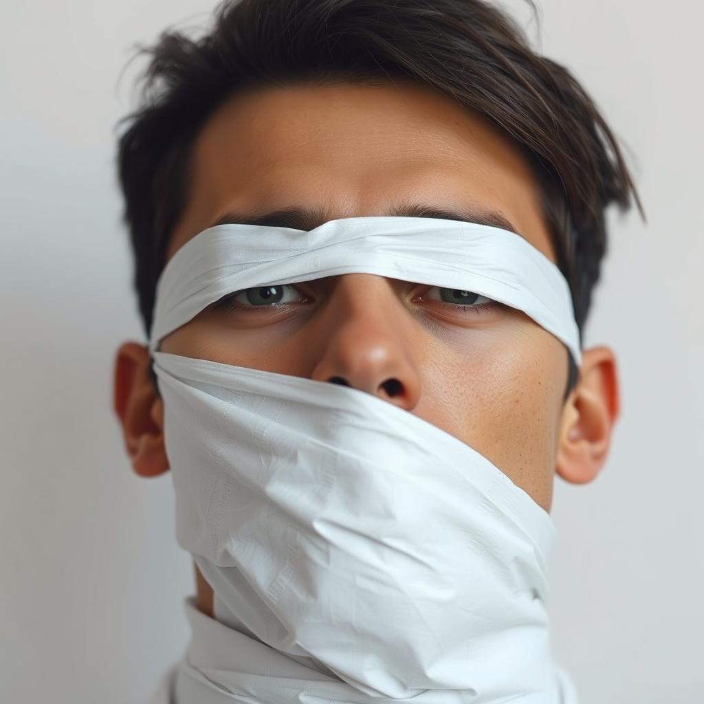 A close-up portrait of a man whose eyes are completely wrapped in white paper, creating a strikingly surreal and minimalist aesthetic
