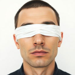 A close-up portrait of a man whose eyes are completely wrapped in white paper, creating a strikingly surreal and minimalist aesthetic