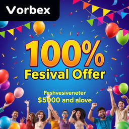 An eye-catching promotional graphic for a festival offer by Vorbex, featuring bold and colorful text proclaiming '100% Festival Offer' prominently displayed