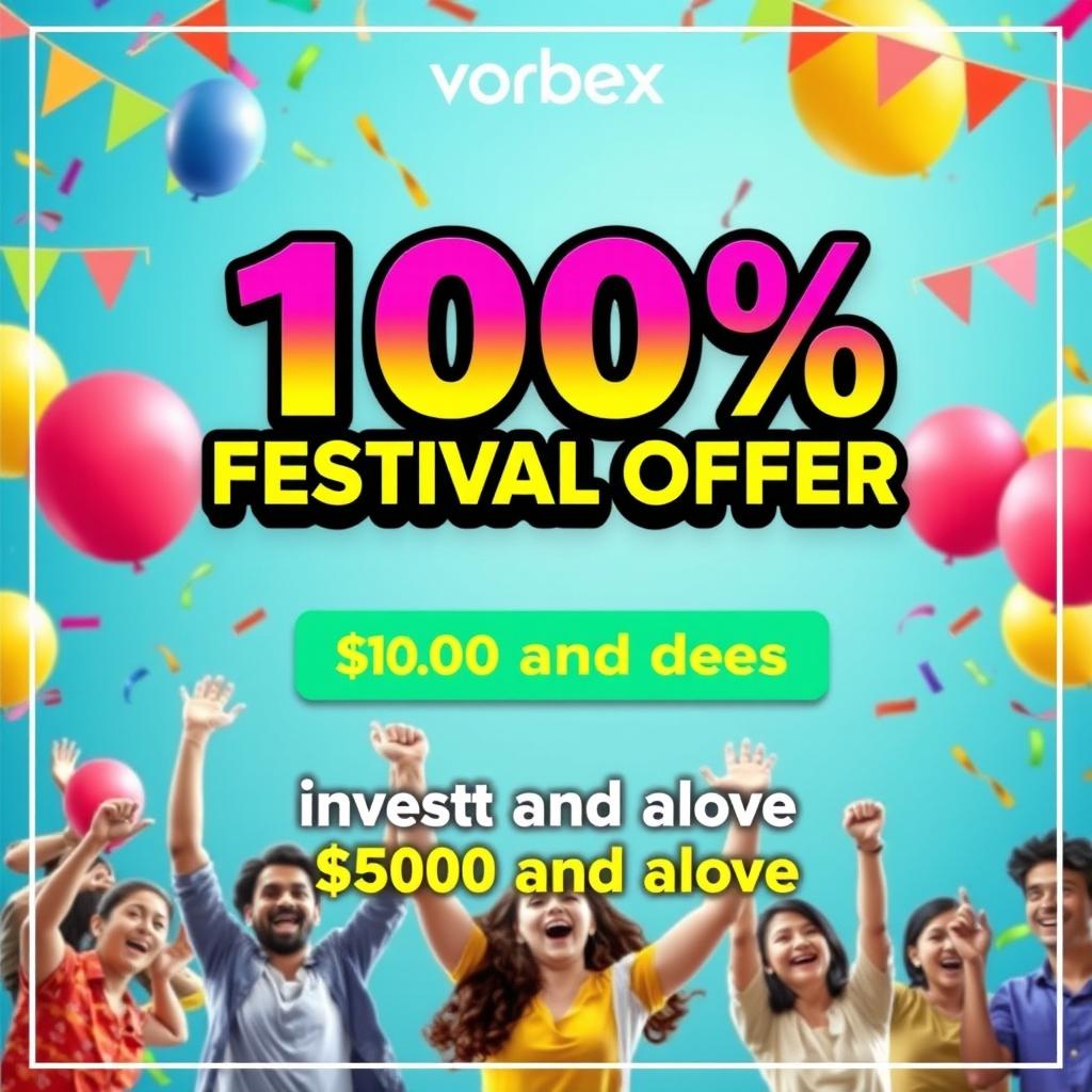 An eye-catching promotional graphic for a festival offer by Vorbex, featuring bold and colorful text proclaiming '100% Festival Offer' prominently displayed