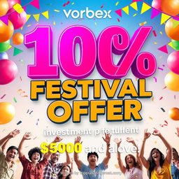 An eye-catching promotional graphic for a festival offer by Vorbex, featuring bold and colorful text proclaiming '100% Festival Offer' prominently displayed