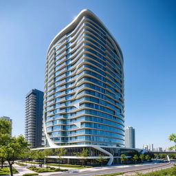 A stunning high-rise residential building featuring over thirty floors, characterized by a unique curved and irregular spatial structure