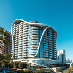 A stunning high-rise residential building featuring over thirty floors, characterized by a unique curved and irregular spatial structure