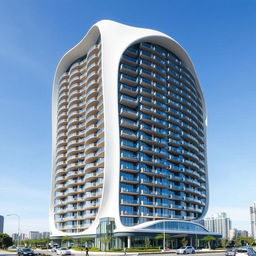 A stunning high-rise residential building featuring over thirty floors, characterized by a unique curved and irregular spatial structure