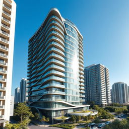 A stunning high-rise residential building featuring over thirty floors, characterized by a unique curved and irregular spatial structure