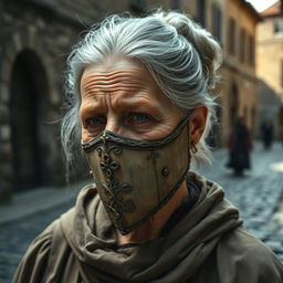 An elderly female figure wearing a medieval 'mask of shame', embodying a sense of historical drama