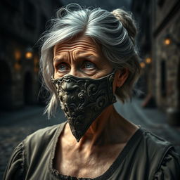 An elderly female figure wearing a medieval 'mask of shame', embodying a sense of historical drama