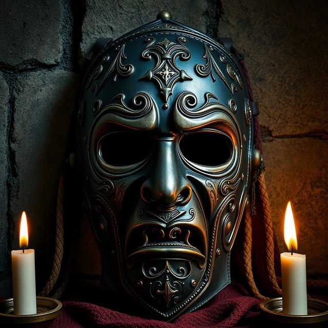 A detailed and intricate medieval mask of shame, showcasing a beautifully crafted design with ornate embellishments