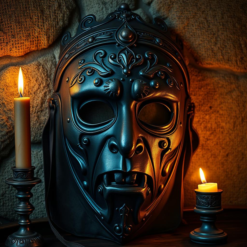 A detailed and intricate medieval mask of shame, showcasing a beautifully crafted design with ornate embellishments