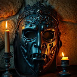 A detailed and intricate medieval mask of shame, showcasing a beautifully crafted design with ornate embellishments