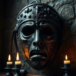 A detailed and intricate medieval mask of shame, showcasing a beautifully crafted design with ornate embellishments