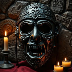 A detailed and intricate medieval mask of shame, showcasing a beautifully crafted design with ornate embellishments