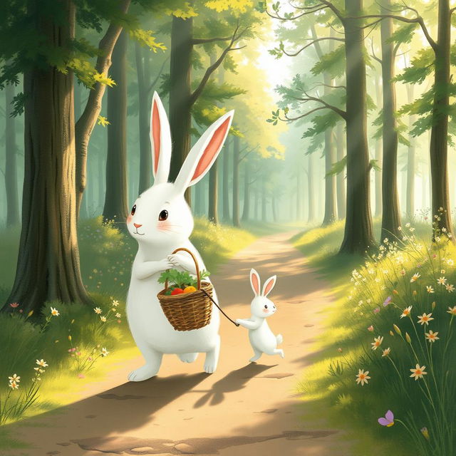 In a serene morning scene, a large white rabbit holds a vegetable basket in one paw and gently pulls a smaller white rabbit along the path of a tranquil forest