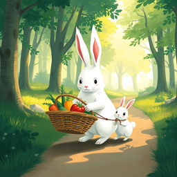 In a serene morning scene, a large white rabbit holds a vegetable basket in one paw and gently pulls a smaller white rabbit along the path of a tranquil forest