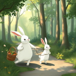 In a serene morning scene, a large white rabbit holds a vegetable basket in one paw and gently pulls a smaller white rabbit along the path of a tranquil forest