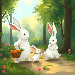 In a serene morning scene, a large white rabbit holds a vegetable basket in one paw and gently pulls a smaller white rabbit along the path of a tranquil forest