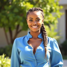 A breathtaking natural beauty with large breasts and a thick braided hairstyle, dressed in a stylish blue blouse
