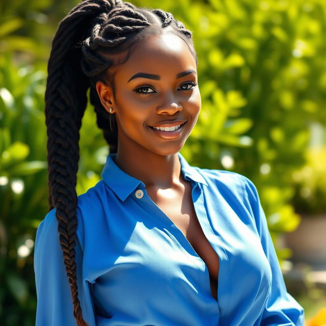 A breathtaking natural beauty with large breasts and a thick braided hairstyle, dressed in a stylish blue blouse