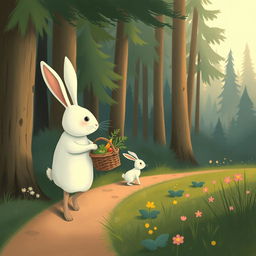 In the early morning, a large white rabbit holding a vegetable basket walks along a small path in the forest, accompanied by a smaller white rabbit