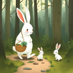 In the early morning, a large white rabbit holding a vegetable basket walks along a small path in the forest, accompanied by a smaller white rabbit