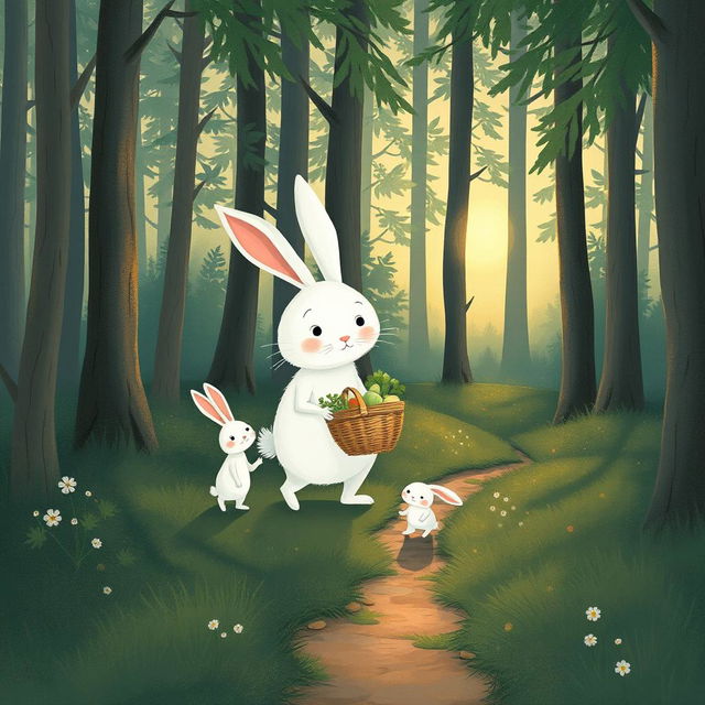 In the early morning, a large white rabbit holding a vegetable basket walks along a small path in the forest, accompanied by a smaller white rabbit