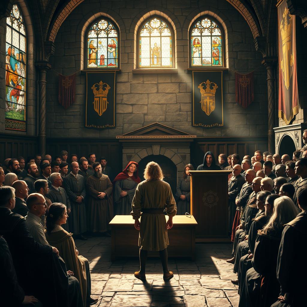 A dramatic medieval trial scene taking place in a grand stone courtroom