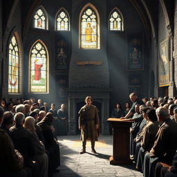 A dramatic medieval trial scene taking place in a grand stone courtroom