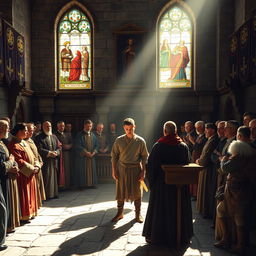 A dramatic medieval trial scene taking place in a grand stone courtroom