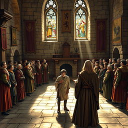 A dramatic medieval trial scene taking place in a grand stone courtroom