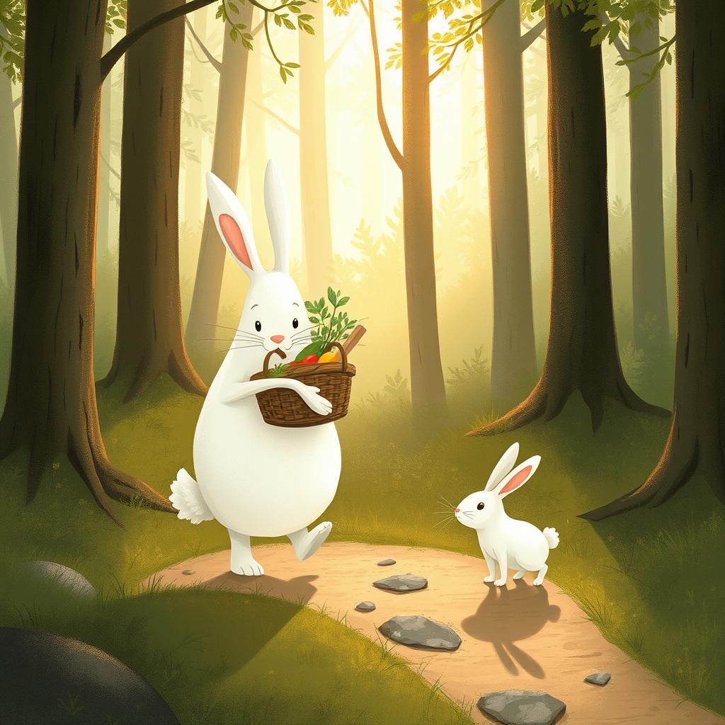 In the early morning, a large white rabbit holding a vegetable basket walks along a small forest path, leading a smaller white rabbit by its side