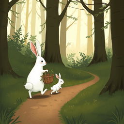 In the early morning, a large white rabbit holding a vegetable basket walks along a small forest path, leading a smaller white rabbit by its side
