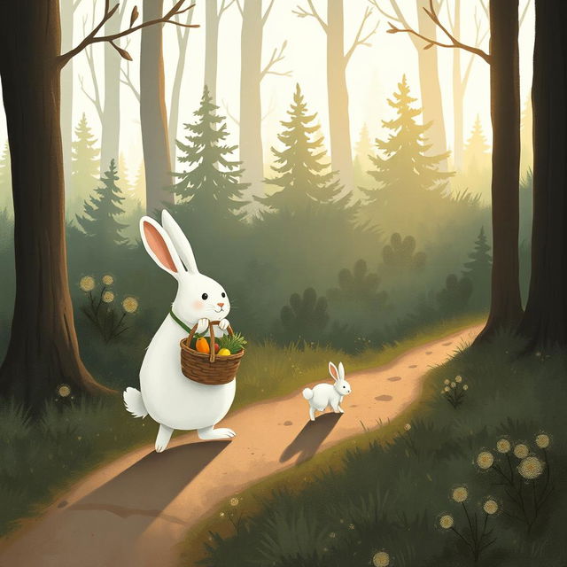 In the early morning, a large white rabbit holding a vegetable basket walks along a small forest path, leading a smaller white rabbit by its side