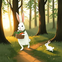 In the early morning, a large white rabbit holding a vegetable basket walks along a small forest path, leading a smaller white rabbit by its side