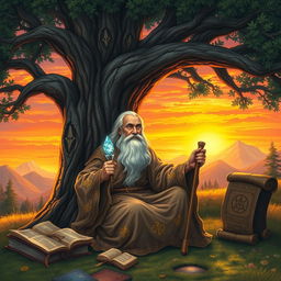 A serene medieval landscape depicting a wise old sage dressed in flowing robes adorned with intricate patterns, sitting beneath a large ancient oak tree
