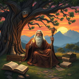 A serene medieval landscape depicting a wise old sage dressed in flowing robes adorned with intricate patterns, sitting beneath a large ancient oak tree