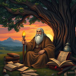 A serene medieval landscape depicting a wise old sage dressed in flowing robes adorned with intricate patterns, sitting beneath a large ancient oak tree