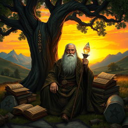 A serene medieval landscape depicting a wise old sage dressed in flowing robes adorned with intricate patterns, sitting beneath a large ancient oak tree