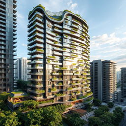 A stunning high-rise residential building featuring over thirty floors, designed with a curved and irregular architectural structure