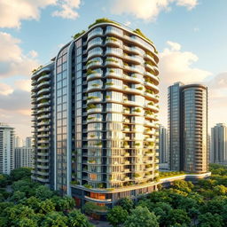 A stunning high-rise residential building featuring over thirty floors, designed with a curved and irregular architectural structure