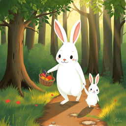 In the early morning, a large white rabbit carrying a vegetable basket strolls down a small forest path, gently holding the hand of a smaller white rabbit