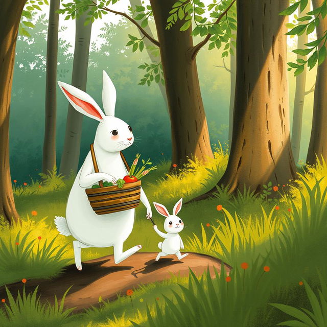 In the early morning, a large white rabbit carrying a vegetable basket strolls down a small forest path, gently holding the hand of a smaller white rabbit