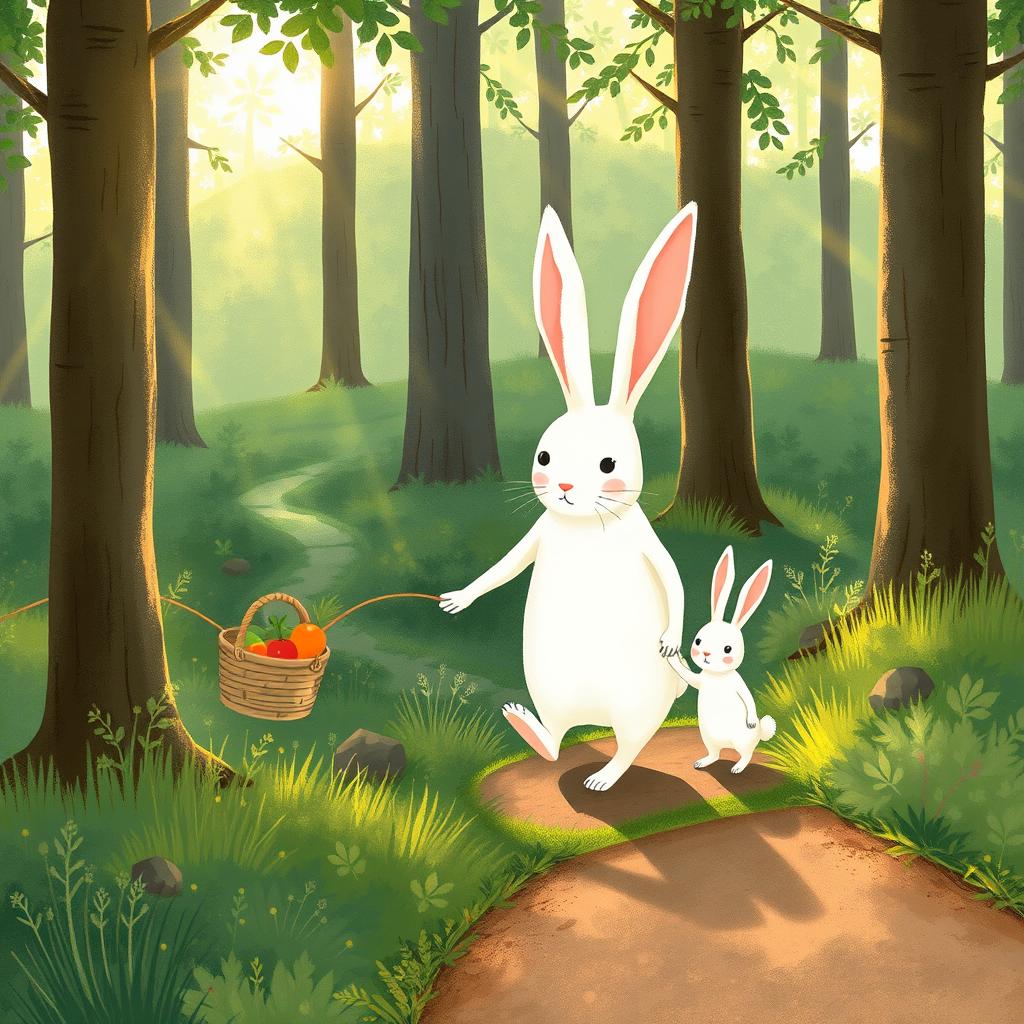 In the early morning, a large white rabbit carrying a vegetable basket strolls down a small forest path, gently holding the hand of a smaller white rabbit