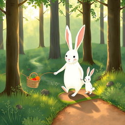 In the early morning, a large white rabbit carrying a vegetable basket strolls down a small forest path, gently holding the hand of a smaller white rabbit