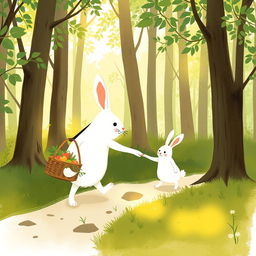 In the early morning, a large white rabbit carrying a vegetable basket strolls down a small forest path, gently holding the hand of a smaller white rabbit
