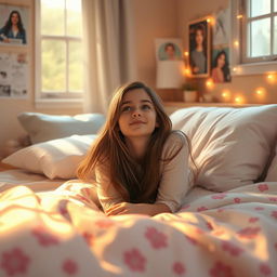 A teenage girl lying on her bed in a serene and peaceful setting, surrounded by soft pillows and a cozy blanket