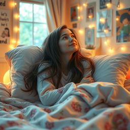 A teenage girl lying on her bed in a serene and peaceful setting, surrounded by soft pillows and a cozy blanket
